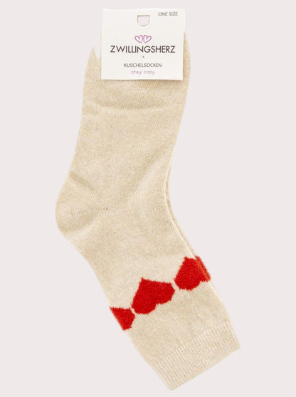 Kuschelsocken beige mit roten Herzen | warm & weich mit Wollanteil